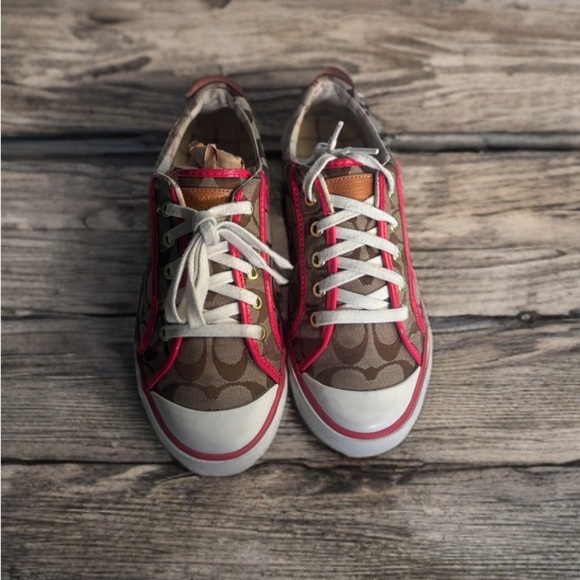 Coach Women's Brown Canvas Signature  Sneakers w/ Red Patent Leather Trim - Picture 1 of 11